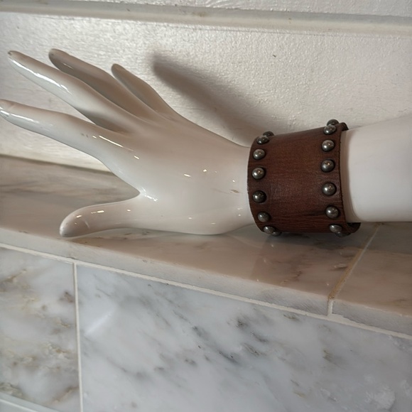 Jewelry - Wide Silver Studded Brown Distressed Leather Cuff Bracelet